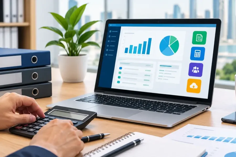 Qatar SME owner using accounting software in Qatar on a laptop